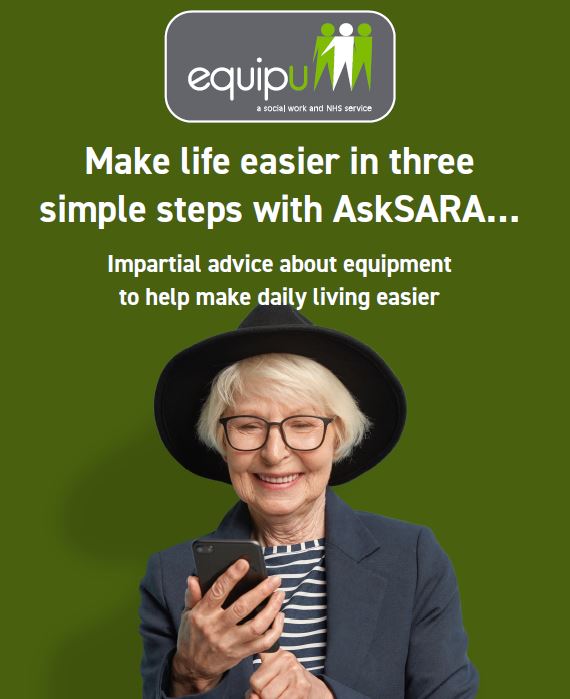 Leaflet which reads: Make life easier in three simple steps with AskSARA - with an image of an older woman holding a mobile device