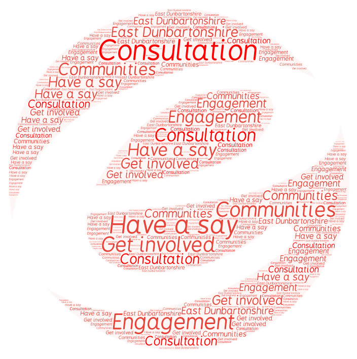 Council logo made of words including consultation, communities, have a say and get involved