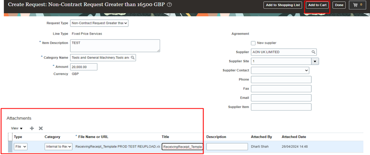 screenshot of oracle fusion create request screen with attachment section highlighte