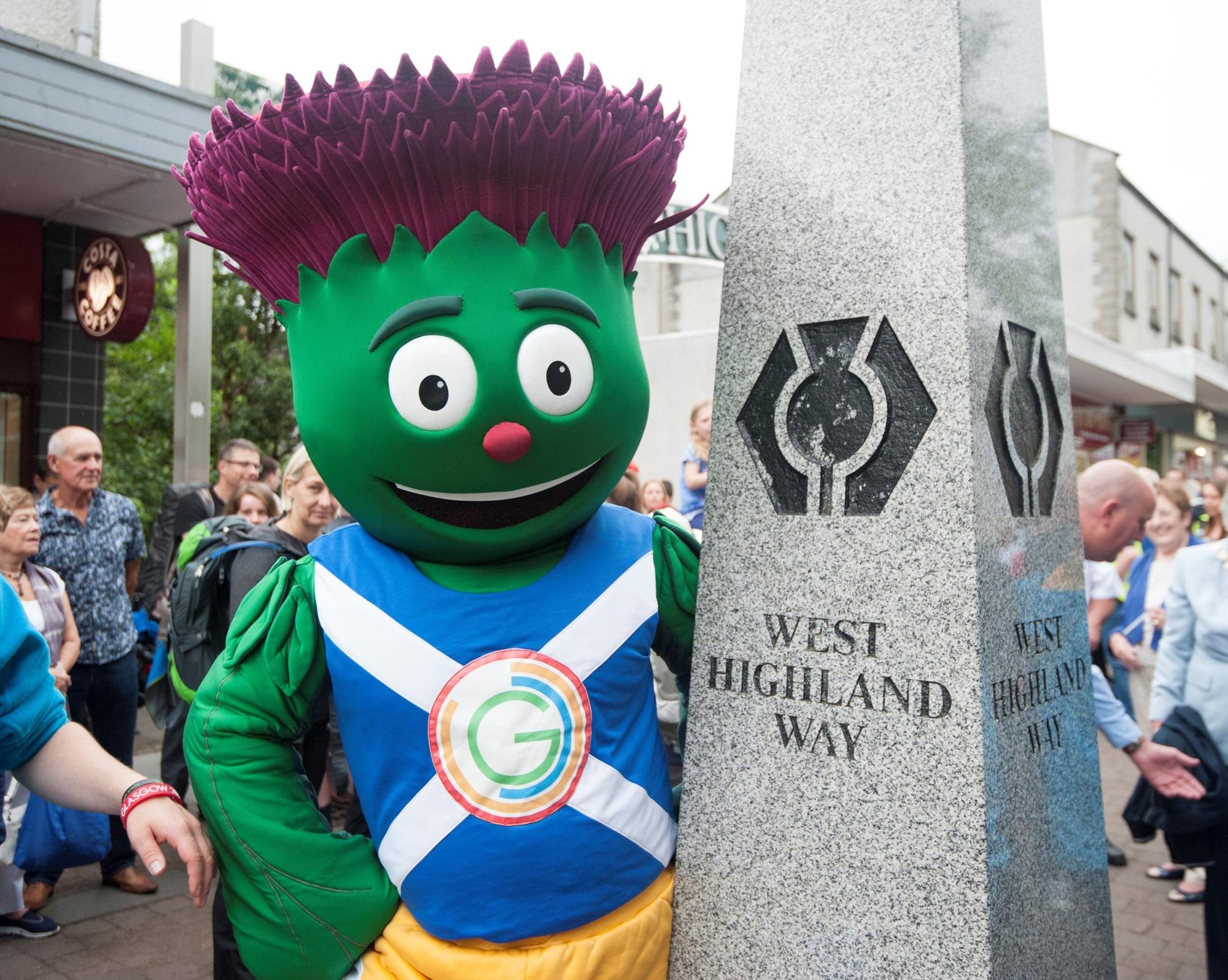 glasgow commonwealth games mascot at the start of the west highland way