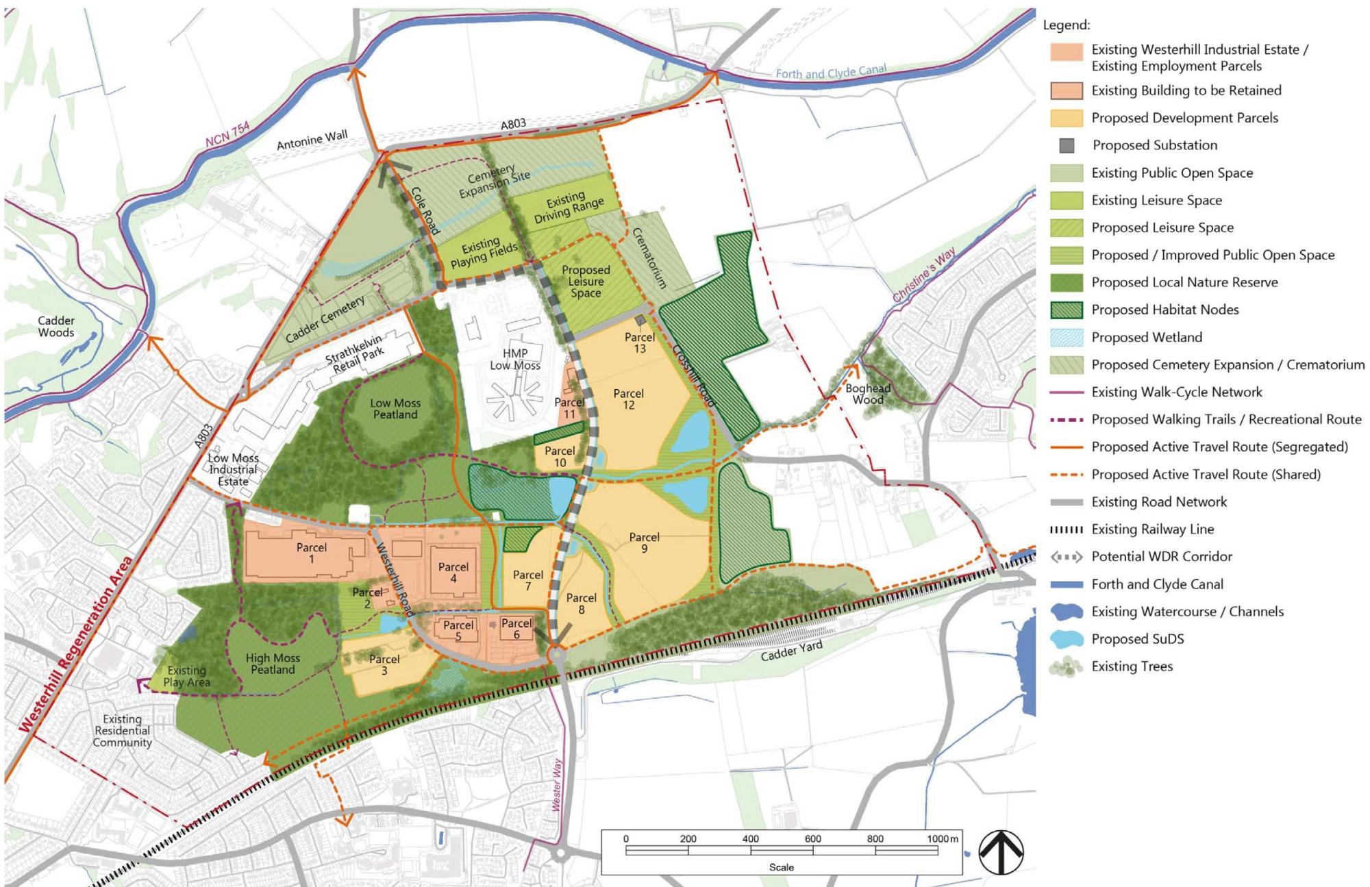 Map highlighting the following areas of westerhill - Existing Westerhill Industrial Estate / Existing Employment Parcels Existing Building to be Retained Proposed Development Parcels Proposed Substation Existing Public Open Space Existing Leisure Space Proposed Leisure Space Proposed / Improved Public Open Space Proposed Local Nature Reserve Proposed Habitat Nodes Proposed Wetland Proposed Cemetery Expansion / Crematorium Existing Walk-Cycle Network Proposed Walking Trails / Recreational Route Proposed Active Travel Route (Segregated) Proposed Active Travel Route (Shared) Existing Road Network IIIIIII Existing Railway Line < Potential WDR Corridor Forth and Clyde Canal Existing Watercourse / Channels Proposed SUDS Existing Trees