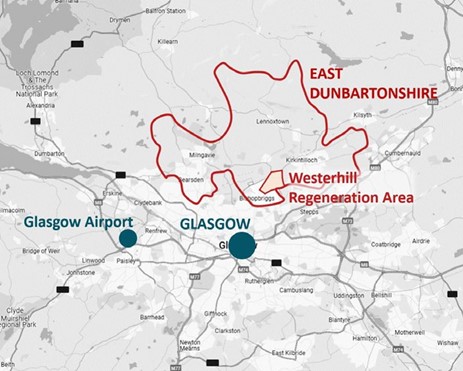 Map of Glasgow area highlight the location of east dunbartonshire and westerhill within that