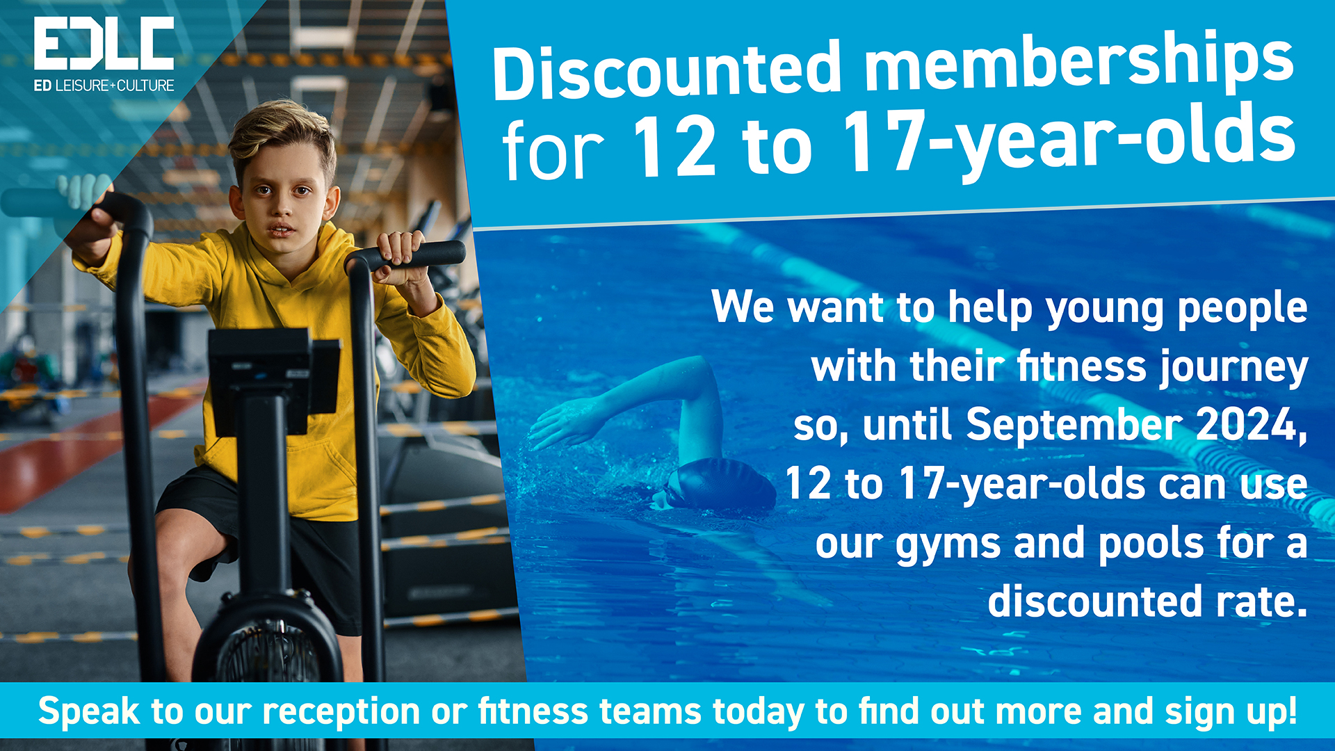 Poster of boy on exercise bike with wording: Discounted membership for 12 to 17-year-olds