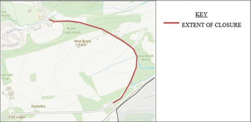 A map of a road closure. It crosses Board Craigs Wood, West broad farm and Broadloch wood