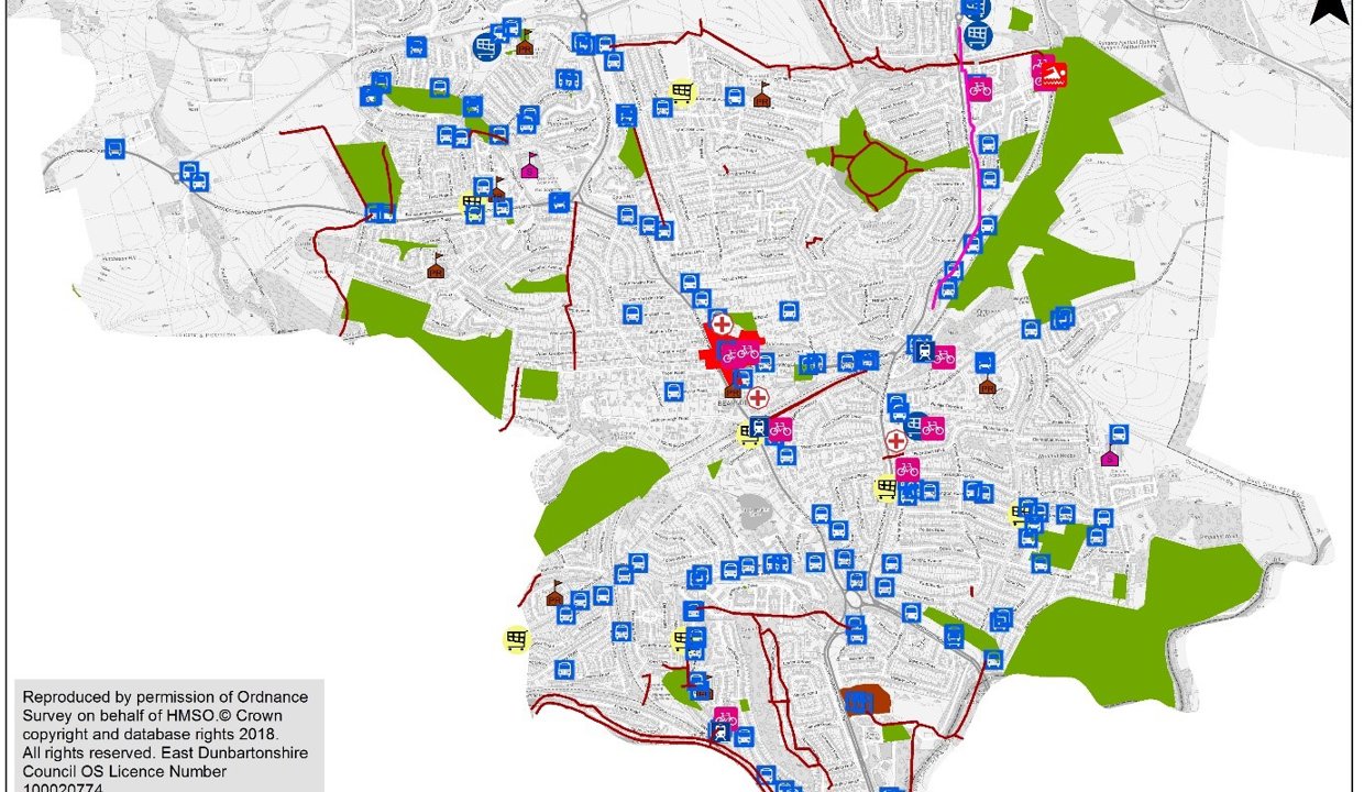 This map shows active travel routes, public transport and key trip generators in Bearsden
