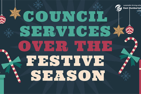 Christmas graphic that has presents and candy canes on it and text that reads 'Council Services over the festive season'