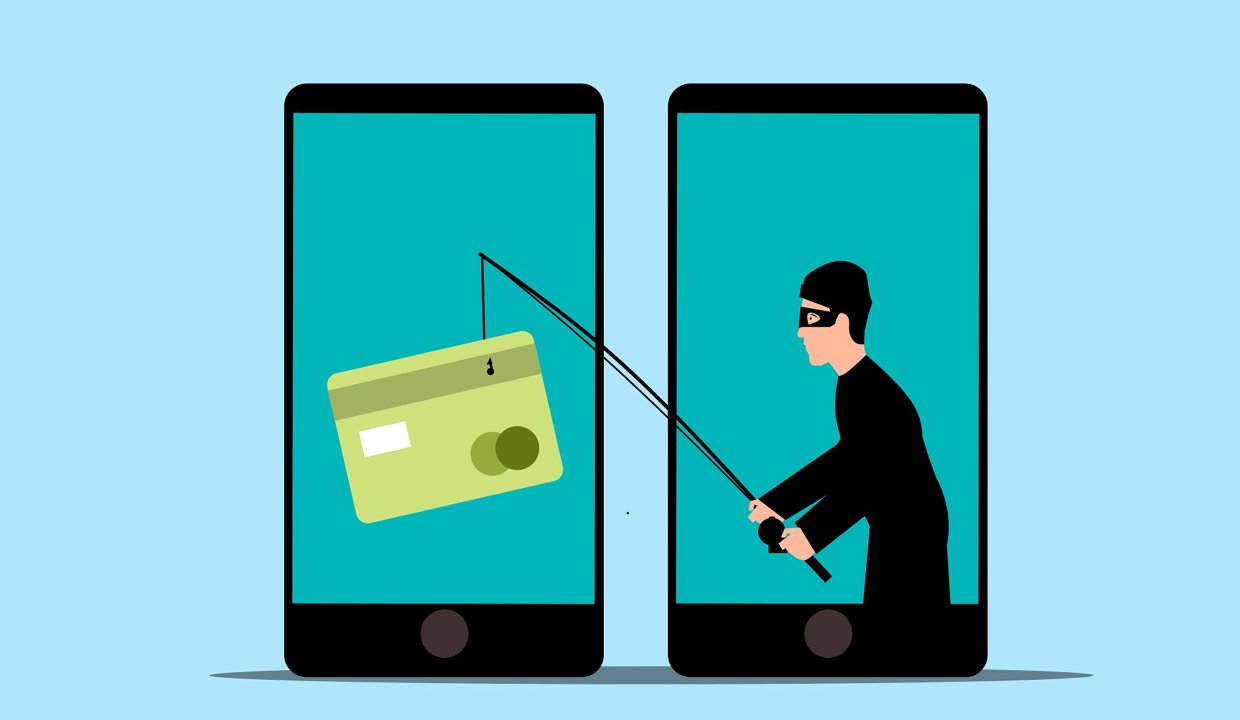 two phones – with the graphic of a figure “phishing” for information