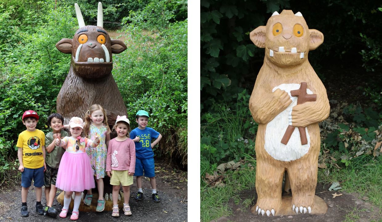 First picture - Children with wooden gruffalo sculpture
Second picture - Wooden baby gruffalo sculpture
