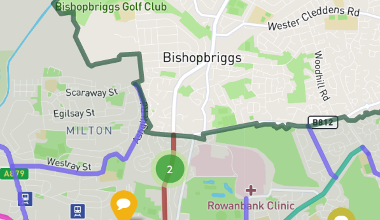 This is a map from GCC’s consultation on their now-published Active Travel Strategy. Notably, their Active Travel Strategy proposes a segregated cycleway on Balgrayhill Road, to the east of the 2 on the map. There are also opportunities to connect southwestern Bishopbriggs and Auchinairn to GCC’s city network.