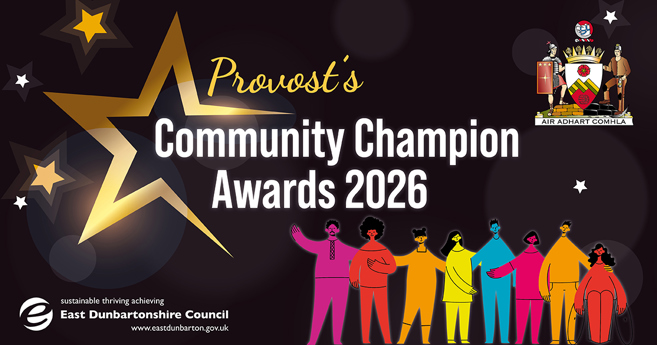 black graphic with a gold star and the text 'provost's community champion awards 2026' above a line of people