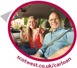 woman and a man sitting in a car smiling with the text scotwest.co.uk/carloan below