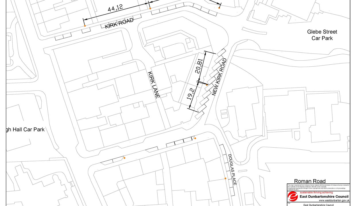 Map showing where the on street parking charging will be for Kirk Rd Bearsden