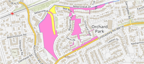 map showing areas contained within the title GLA245403 shaded pink and yellow