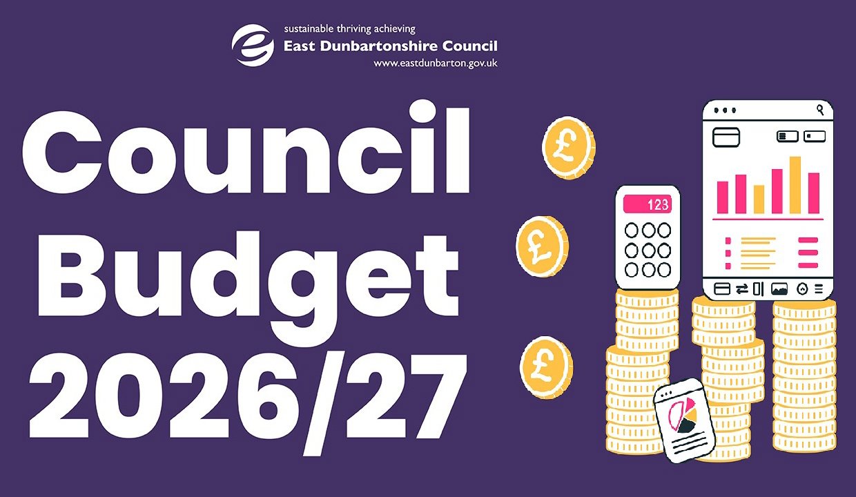 calculator with coins pile beside it with text budget 2026/27 wrote