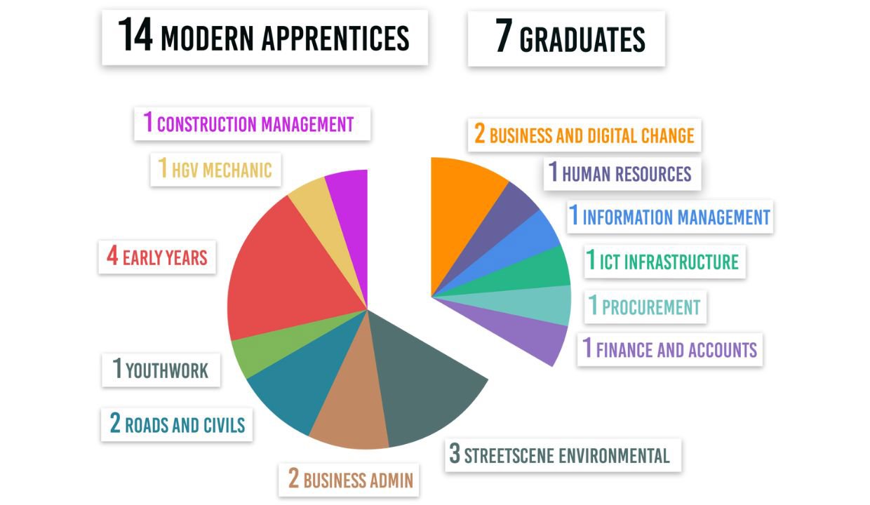 pie chart showing the 14 Apprenticeship and 7 graduates positions