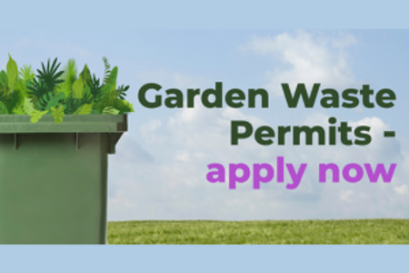 Green wheelie bin graphic with the text 'Garden waste permits - apply now'