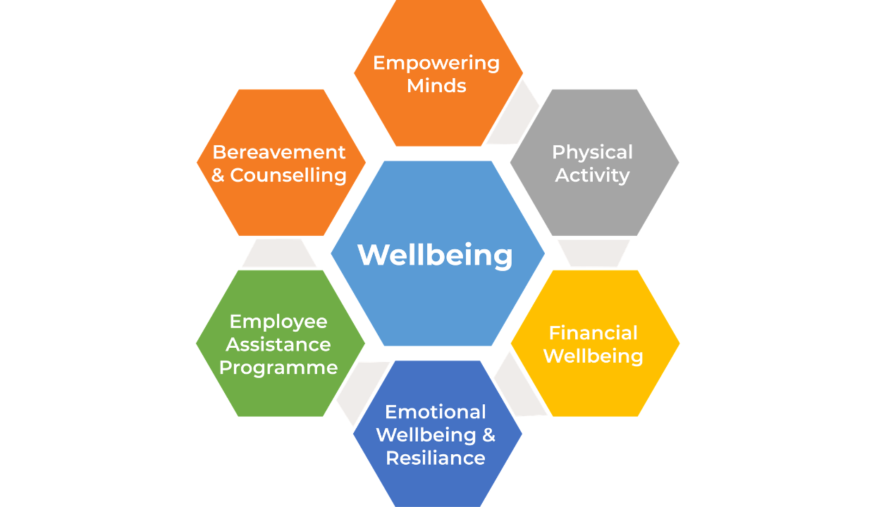 wellbeing diagram - empowering minds, bereavement and counselling, physical activity, wellbeing, financial wellbeing, emotional wellbeing and resilience, employee assistance programme
