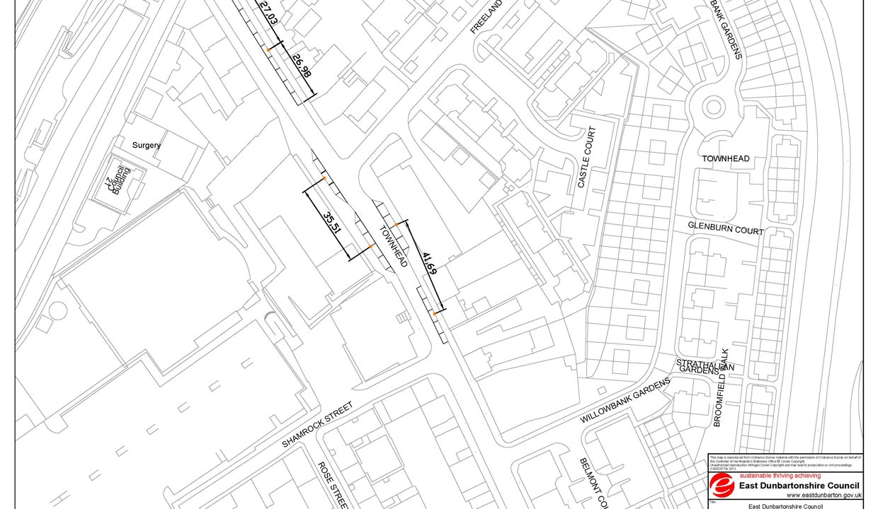Map showing where the on street parking charging will be for Townhead Kirkintilloch