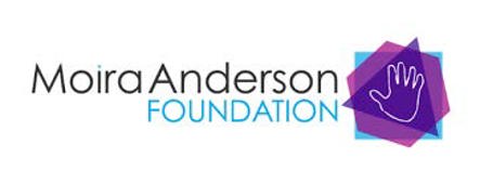Moira Anderson Foundation Logo with hand on blue and purple paper
