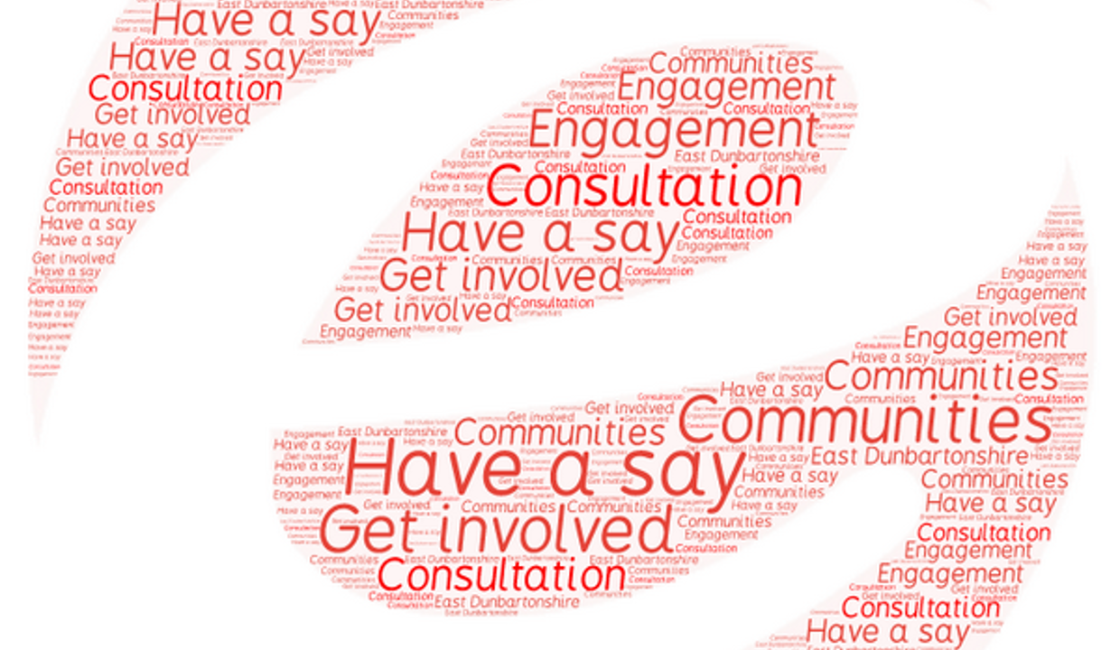 Council logo made of words including consultation, communities, have a say and get involved