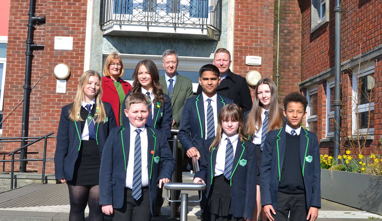 Teachers and pupils outside Lenzie Academy