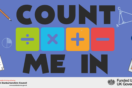 Blue count me in graphic with division, multiply, plus and minus symbols