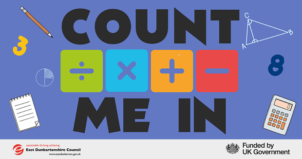 Blue count me in graphic featuring a pencil, notepad, calculator and divide, multiply, plus and minus symbols