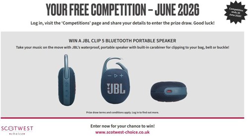 map competition - three pictures of a JBL clip 5 and the text 'your free competition - june 2026 log in, visit the competition page and share your details to enter the prize draw, good luck!