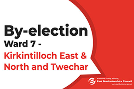 Red and white graphic that reads 'By-election Ward  - Kirkintillocj East & North and Twechar'