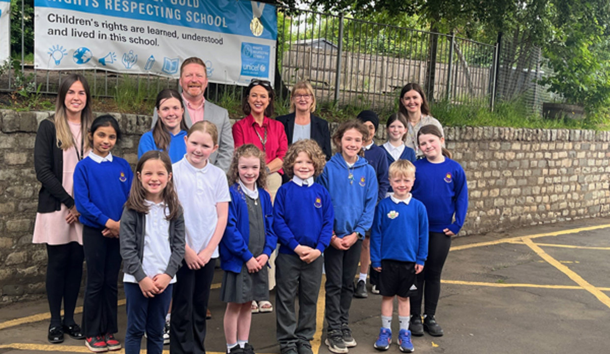 Councillor Williamson (second from right) and Greg Bremner, Chief Education Officer met staff and pupils of Westerton Primary School to congratulate them on their award.