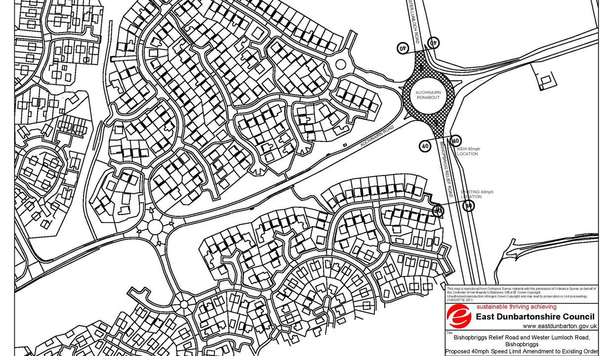 Map showing Bishopbriggs Relief road and Wester Lumloch Road proposed speed limit