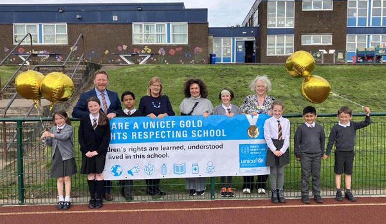 Left to right is Greg Bremner Chief Education Officer, Convener of Education Lynda Williamson, Headteacher Lesley Rodden and Depute Head/Principal Teacher Lynn Parker