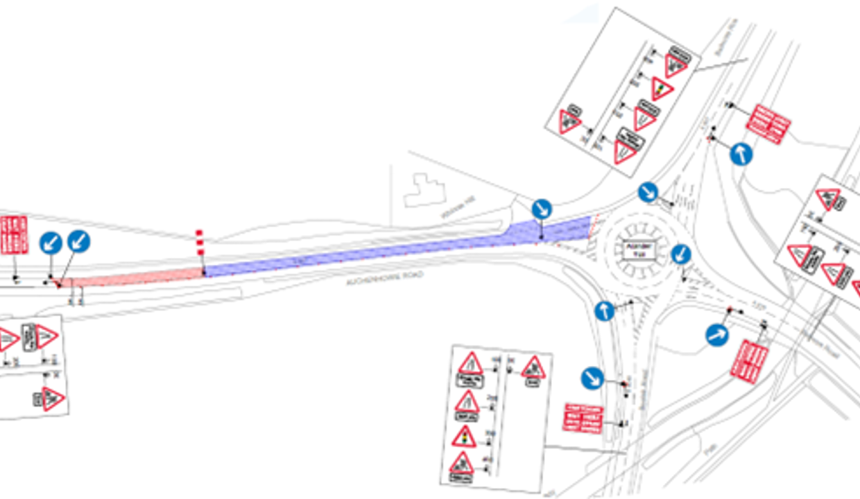 Map of the Alander Toll highlighting Auchenhowie Road and showing where traffic signals will be in place on every road approaching Allander Toll