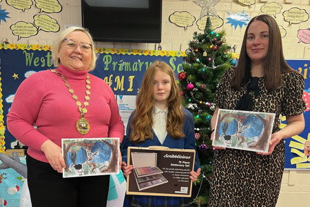 Provost Renwick and Depute Provost McDiarmid with Christmas Card competition winner