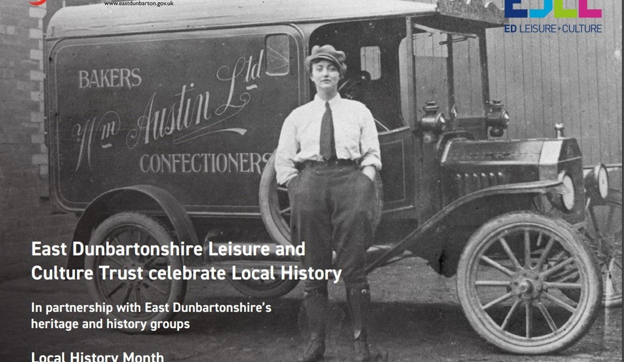EDLC Local History Month brochure - front cover showing an archive photo of a woman in front of a confectioners van. Text says East Dunbartonshire Leisure and Culture Trust celebrate Local History In partnership with East Dunbartonshire's heritage and history groups Local History Month March 2023