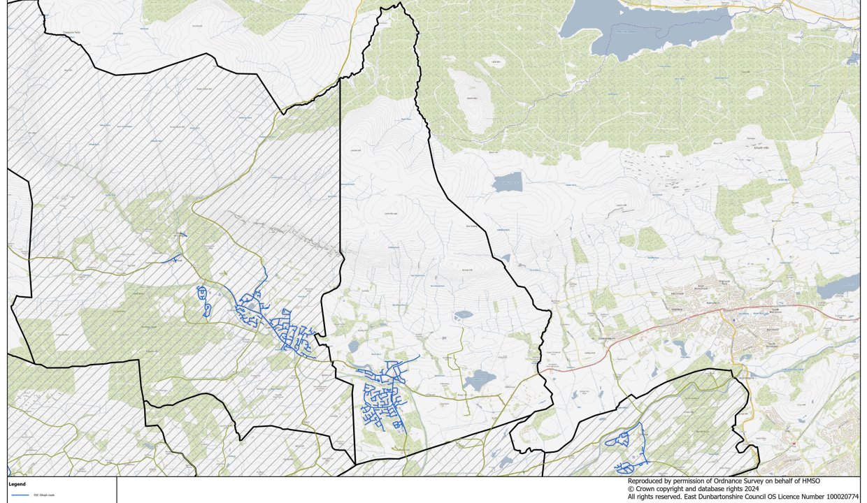 Ariel view of Milton of Campsie with blue lines highlighting which roads are affected.