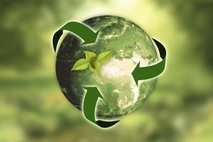 A graphic of the Earth combined with a green recycling logo