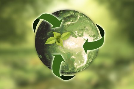 A graphic of the Earth combined with a green recycling logo