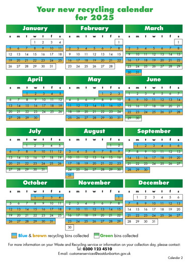 Chart showing the 2025 recycling and waste collection dates for calendar 2