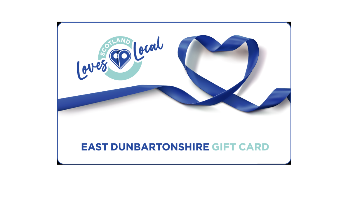gift card with ribbon making a heart and writing saying Scotland loves local, East Dunbartonshire gift card
