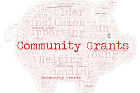 Image of a piggy bank with words including Community Grants, inclusion, supporting, older and local
