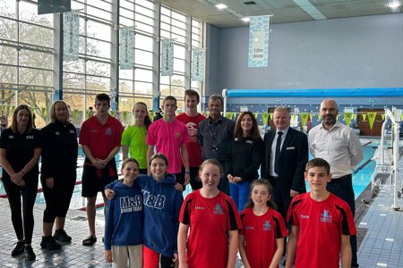 Cllr Gibbons (fourth right) and Mark Grant, EDLC Trust General Manger (second right) with organisers and competitors at The Leisuredrome.