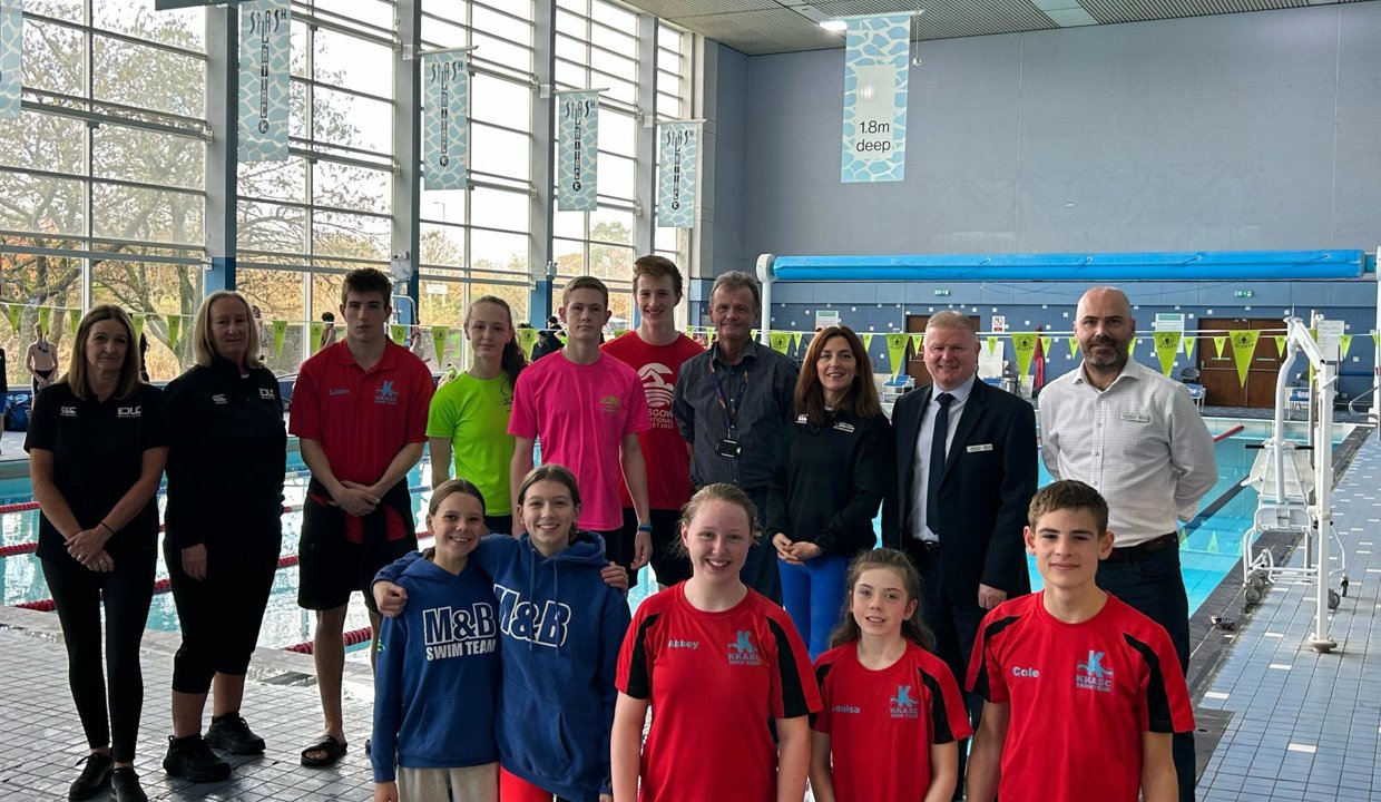 Cllr Gibbons (fourth right) and Mark Grant, EDLC Trust General Manger (second right) with organisers and competitors at The Leisuredrome.