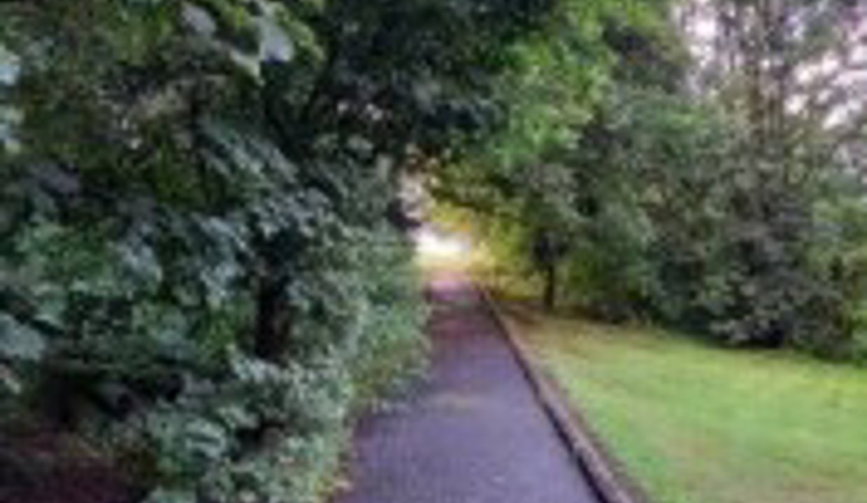 Pictured is a hard, off-road path for walking, cycling and wheeling graded good in Milngavie. Pictured in midsummer, vegetation provides a minor barrier to active travel and requires maintenance.