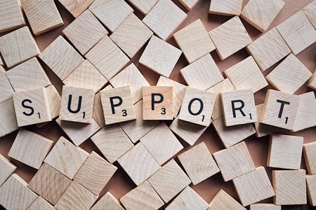 The word 'support' spelled out with lettered blocks