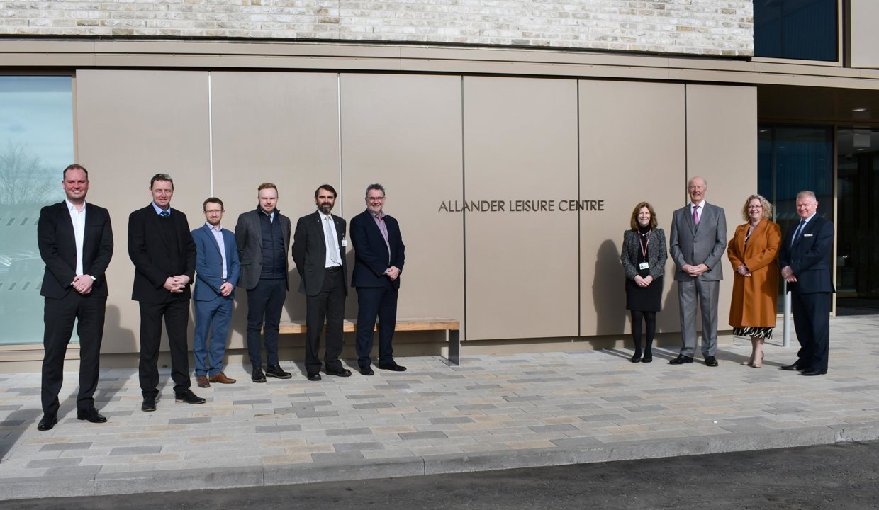 Councillor Gordan Low, Jim Neill and others outside the new Allander Leisure Centre