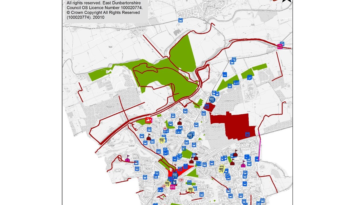 This map shows active travel routes, public transport and key trip generators in Bishopbriggs