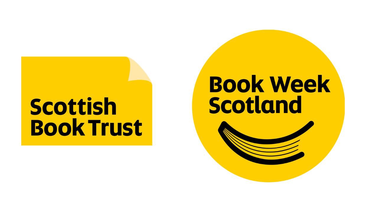 Yellow Scottish Book Trust logo and yellow Book Week Scotland logo