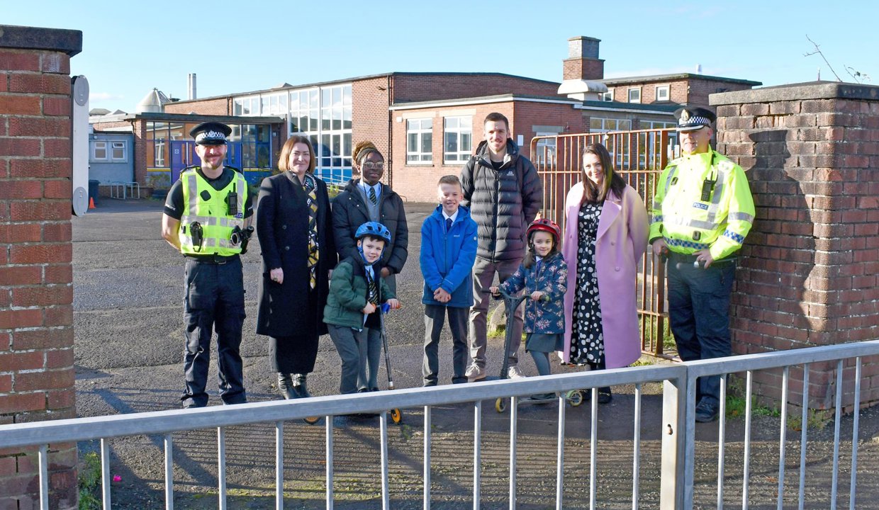 Pupils and Teachers from St. Matthews and Wester Cleddens outside St. Matthews Primary School with Police Officers and Council Staff 