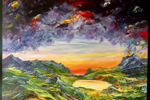 A painting of a landscape which depicts rolling hills leading down to a lake underneath a thunderous sky 
